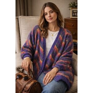 Vintage Mohair Rainbow Cardigan Colorful Sweater Fuzzy Michelle Stuart Medium
